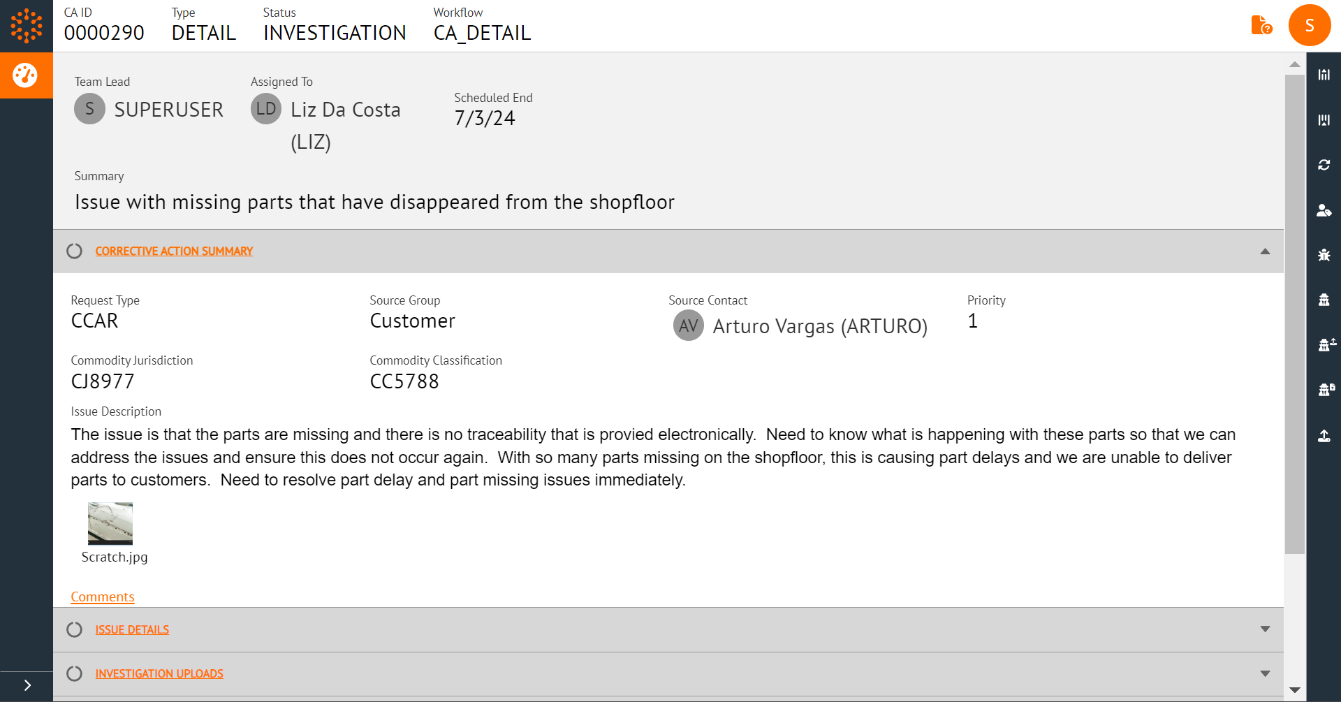Corrective Action in Supplier Dashboard