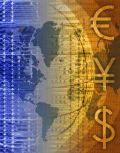 Currency symbols, binary codes and globe (Digital composite)
